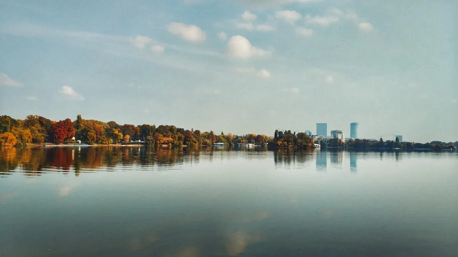 Immeubles modernes reflétés dans un lac de Bucarest