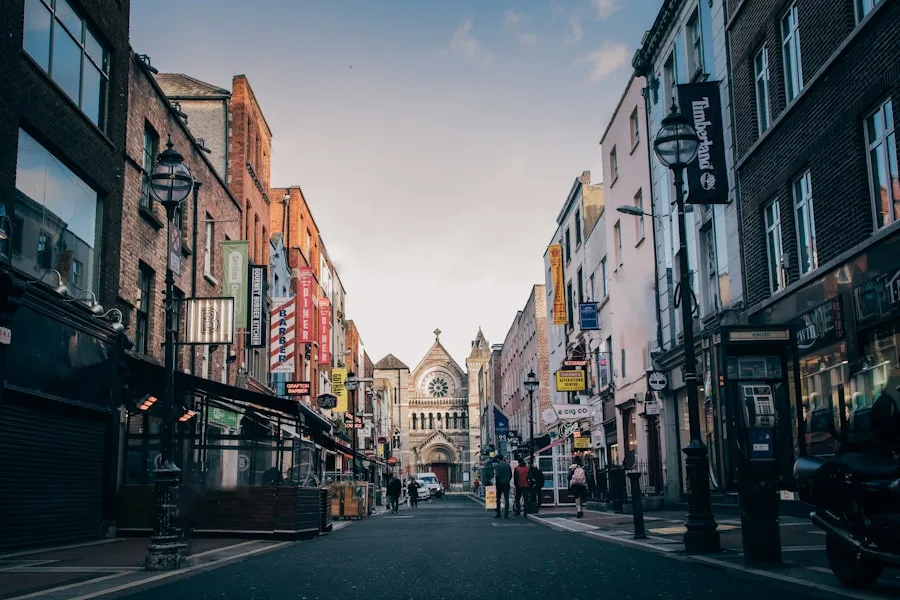 Dublin city center with Georgian buildings and street life