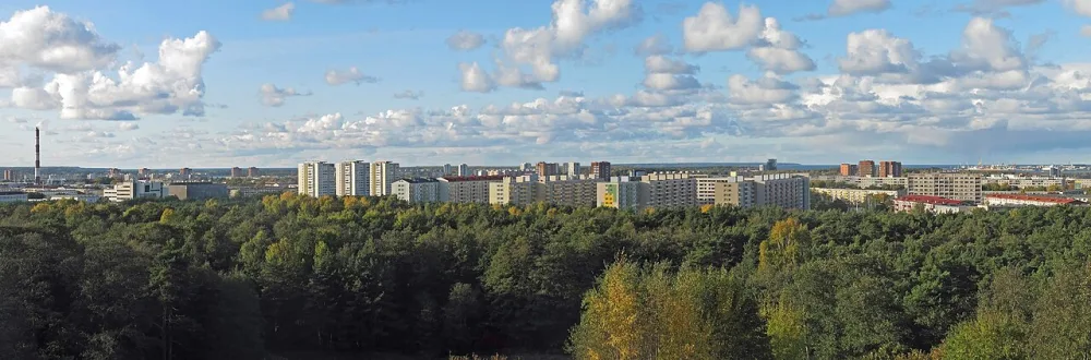 Panoraamvaade Mustamäe nõukogudeaegsetele paneelelamutele puude vahel