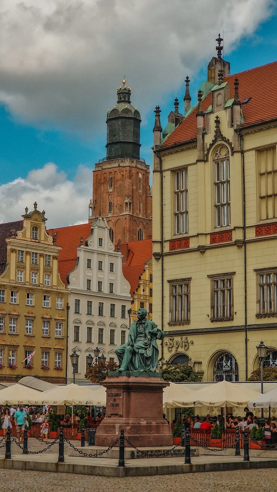 Wrocław Rynek square with colorful townhouses at sunset